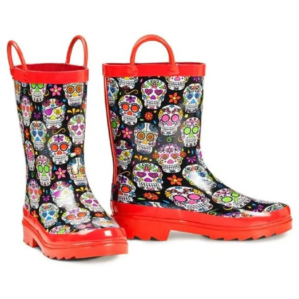 Kids Rain Boots – Sugar Skull / Day of the Dead Print – Size 12/13